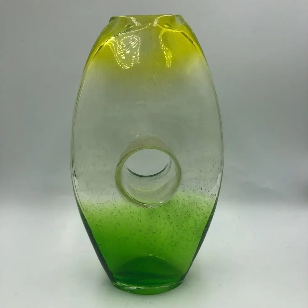 Vintage Ombre Yellow Green Clear Handblown Glass Tabletop Art Vase Décor Indoor